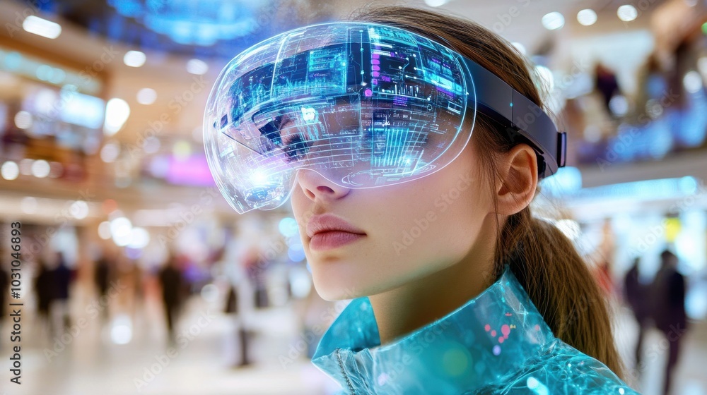 Young Woman Wearing Futuristic Augmented Reality Glasses Young Woman Wearing Futuristic Augmented Reality Glasses