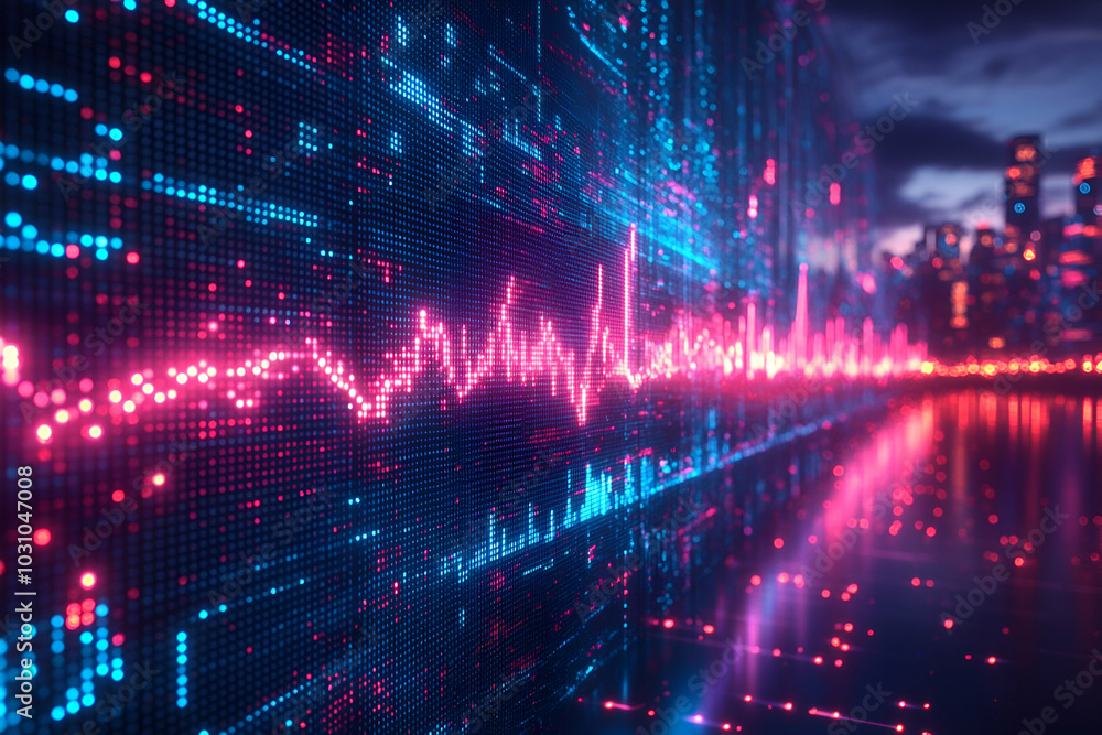 Fototapeta premium A vibrant digital landscape with a heartbeat graph, illuminated in pink and blue, reflecting a futuristic city skyline.