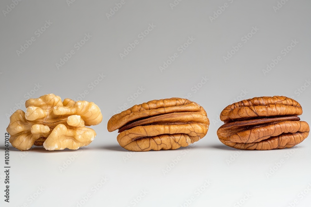 Comparison of whole walnuts and pecans arranged on a neutral background highlighting their unique shapes and textures Comparison of whole walnuts and pecans arranged on a neutral background highlighting their unique shapes and textures
