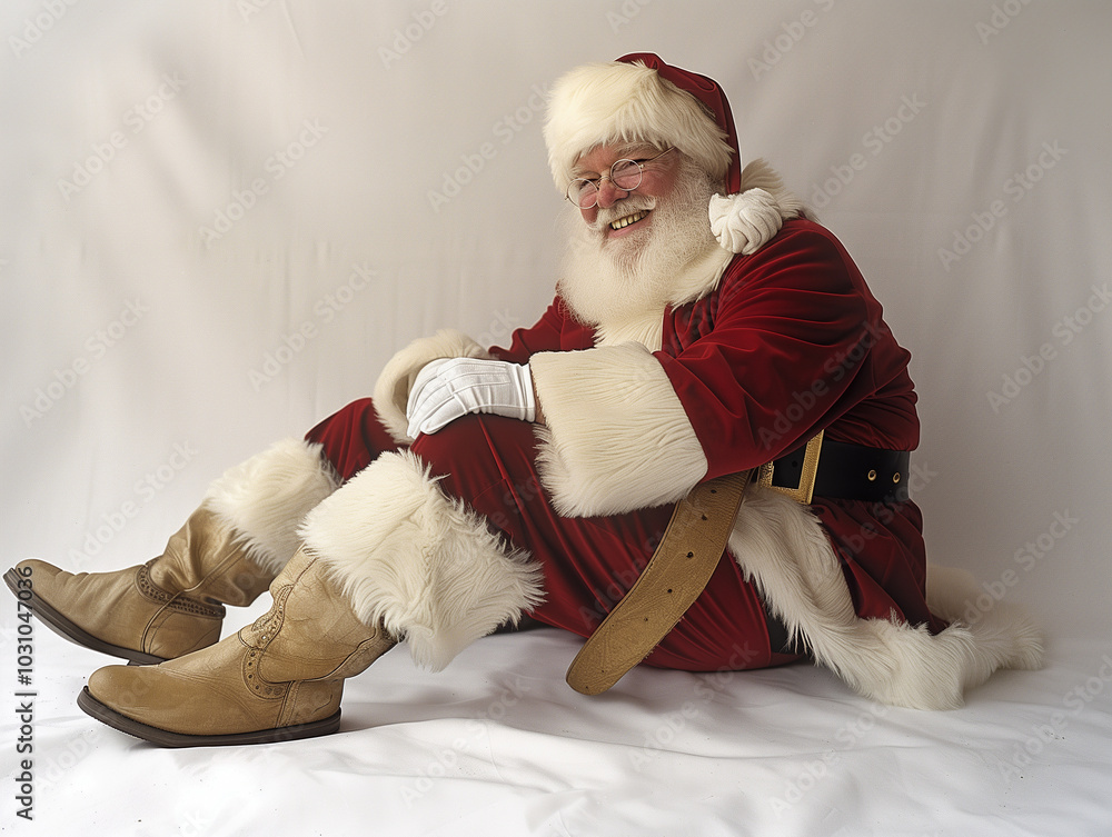 Obraz premium Santa Claus sitting on the floor. Xmas. Happy New Year. Holiday greetings card. Merry Christmas. Christmas spirit, festive mood.