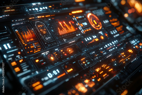 A futuristic control panel featuring illuminated graphs and dials, showcasing high-tech data processing in a sleek, dark design.