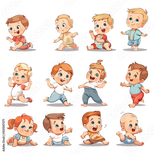 A vector image set of Cute cartoon baby, isolated on a white background, Cute cartoon baby wallpaper