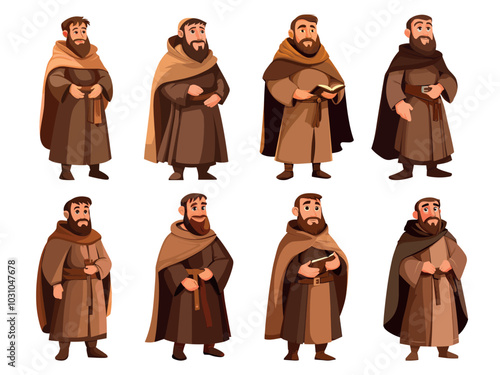 Medieval monks. Friar religion in ceremonial robe, spirituality christianity monk cartoon characters concepts, set vector illustration