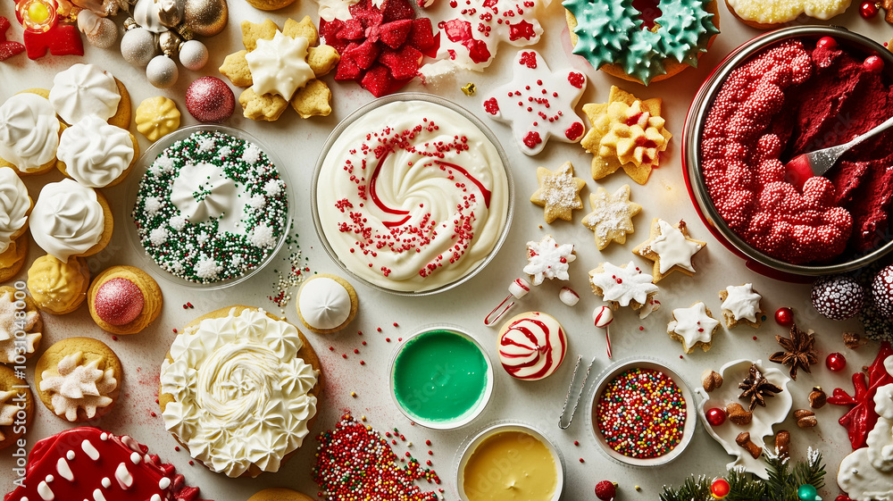 a Christmas cookie decorating station with various icing colors, sprinkles, and holiday-themed cookie cutters a Christmas cookie decorating station with various icing colors, sprinkles, and holiday-themed cookie cutters