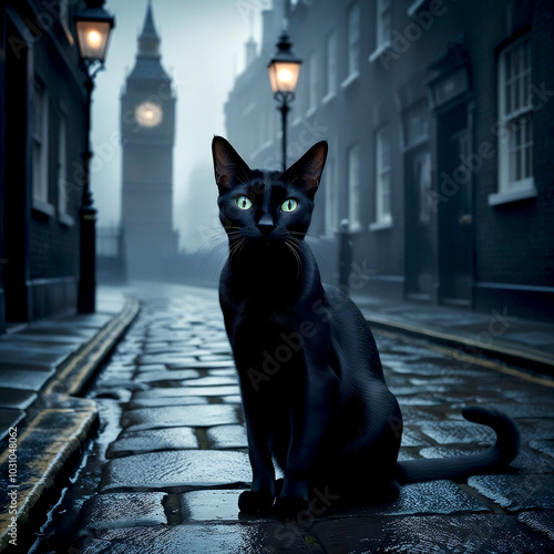 Black cat in the night,  sitting on the street. Halloween. photo