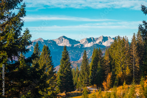 Path leading to the beautiful Uskovnica plateau with amazing views of the julian alps, early autumn when colors of nature are turning yellow and brown photo