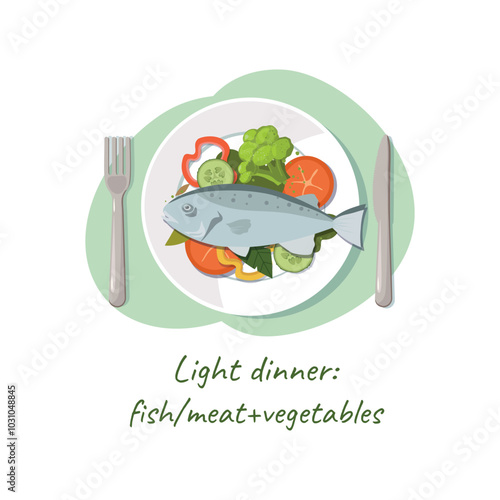 Light dinner concept. Fish and salad on a plate.