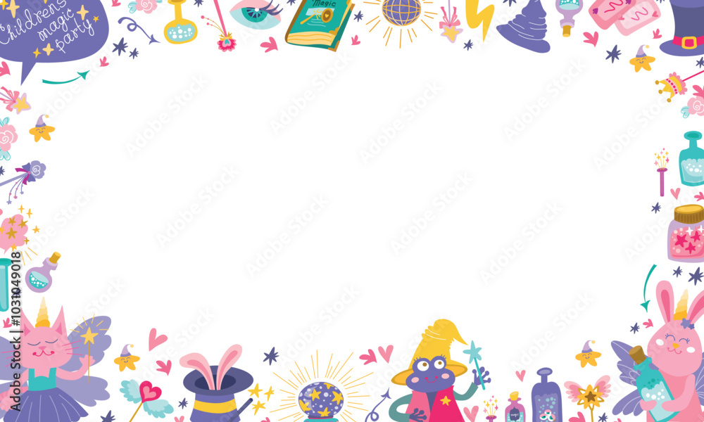 Childrens Magic party frame horizontal banner on white background. Frame with farytaile cat, fantastic rabbit and frog. Hand drawn set of magic animals and elements. Vector illustration flat. Childrens Magic party frame horizontal banner on white background. Frame with farytaile cat, fantastic rabbit and frog. Hand drawn set of magic animals and elements. Vector illustration flat.