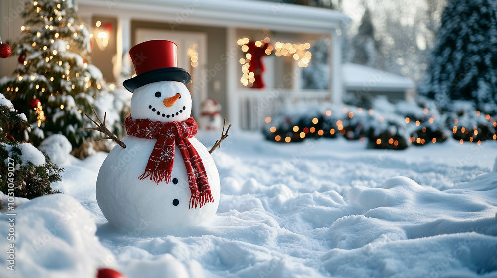 Obraz premium A cheerful snowman in a front yard with a red scarf and top hat, surrounded by holiday decorations and snow-covered landscape