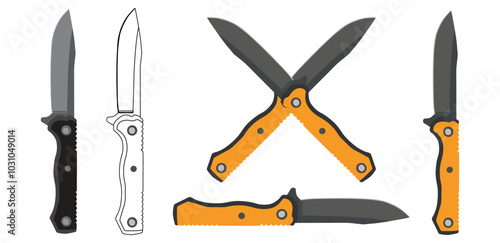 A set of multitool knifes and sharp blades isolated on a white background