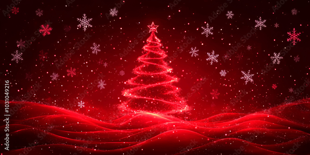 A glowing red Christmas tree with swirling lights and snowflakes in the background, perfect for holiday-themed advertising, greeting cards, or festive banners. Ideal for businesses in holiday decor, A glowing red Christmas tree with swirling lights and snowflakes in the background, perfect for holiday-themed advertising, greeting cards, or festive banners. Ideal for businesses in holiday decor,