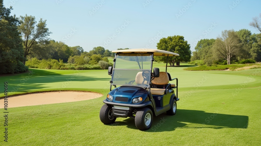 A white golf cart parked on a winding path beside a lush, green golf course on a sunny day A white golf cart parked on a winding path beside a lush, green golf course on a sunny day