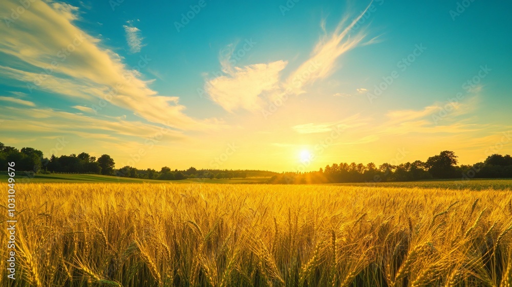 Sunset Over a Field of Golden Wheat with a Blue Sky Sunset Over a Field of Golden Wheat with a Blue Sky