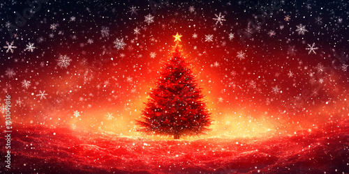 A glowing red Christmas tree with swirling lights and snowflakes in the background, perfect for holiday-themed advertising, greeting cards, or festive banners. Ideal for businesses in holiday decor, e photo