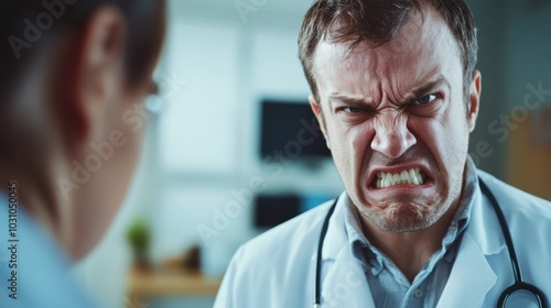 Angry and furious doctor in a white coat frowning at a patient in an office with daylight, blurred furniture in the background