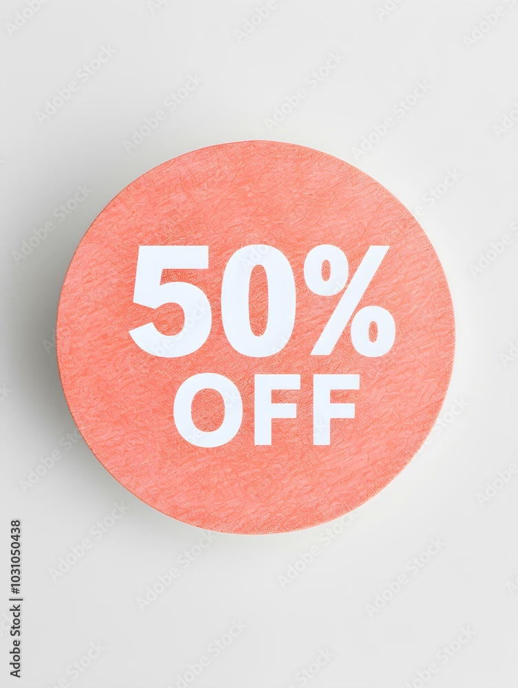 White '50% OFF' Text on a Peach Fuzz Round Paper Note. White Background White '50% OFF' Text on a Peach Fuzz Round Paper Note. White Background