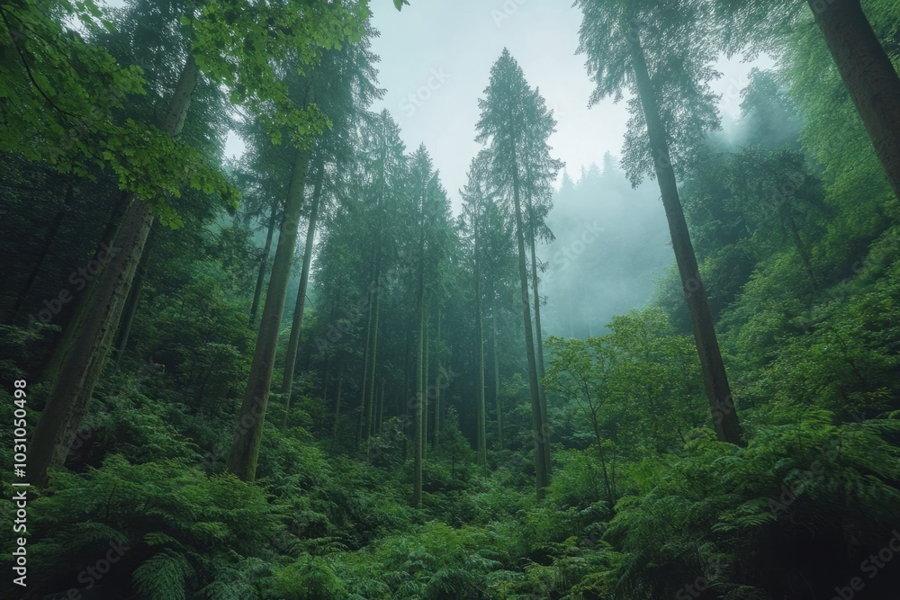 Lush green forest with towering trees shrouded in mist during early morning hours showcases nature's serene beauty Lush green forest with towering trees shrouded in mist during early morning hours showcases nature's serene beauty
