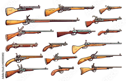 Muskets. Old military handgun, antique gun vintage firearm flintlock weapons, musket vector illustrations set