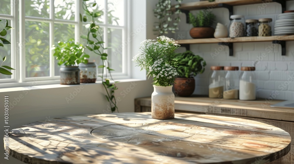 Bright and airy kitchen with a round wood table, ideal for showcasing products or food Bright and airy kitchen with a round wood table, ideal for showcasing products or food