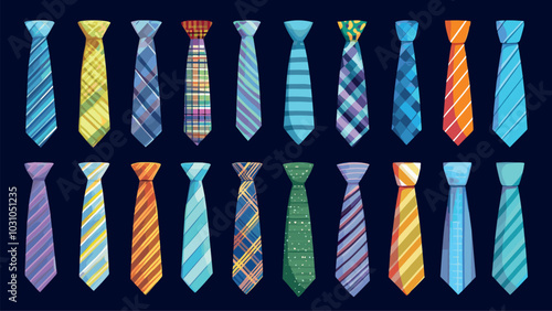 Neckties. Male business necktie clothes accessory, formal men textile suit elements, cartoon neck ties vector illustrations set