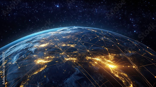 Fototapeta Naklejka Na Ścianę i Meble -  A digital illustration of the Earth at night, with a network of lines connecting cities and continents.
