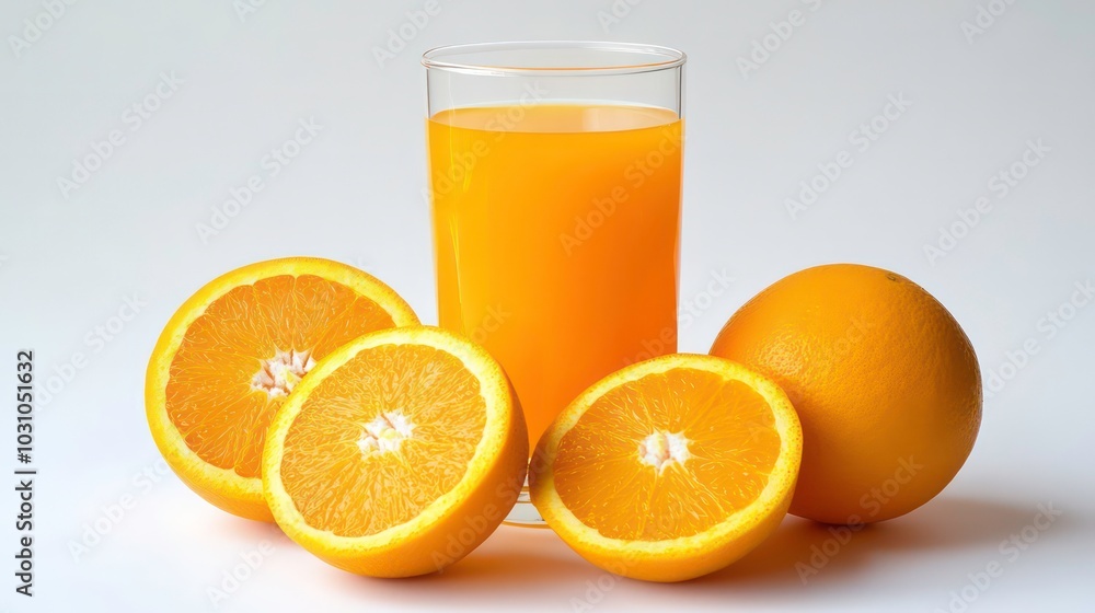 A glass of orange juice with three oranges, two halved, on a white background. A glass of orange juice with three oranges, two halved, on a white background.