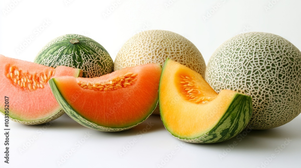 Bright melons and melon slices, isolated against a crisp white backdrop, highlighting their juicy freshness Bright melons and melon slices, isolated against a crisp white backdrop, highlighting their juicy freshness