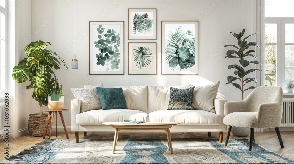 Fototapeta premium Bright living room with a white sofa, a colorful armchair, and vibrant posters on the wall