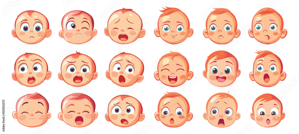 Newborns emotions. Small child various emotions, baby face joy anger misunderstanding resentment sadness, cartoon vector illustration set Newborns emotions. Small child various emotions, baby face joy anger misunderstanding resentment sadness, cartoon vector illustration set