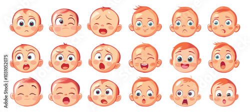 Newborns emotions. Small child various emotions, baby face joy anger misunderstanding resentment sadness, cartoon vector illustration set