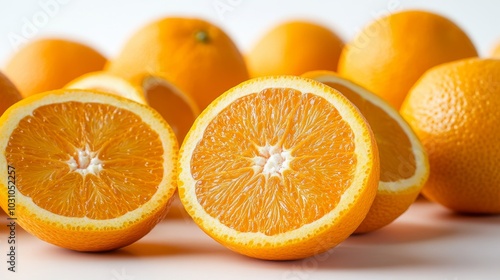 Bright oranges and orange slices, isolated against a crisp white backdrop, highlighting their juicy freshness