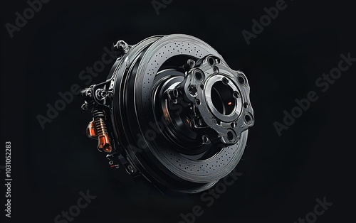 Detailed view of a black automotive brake system part isolated against a dark background, highlighting its design and engineering features