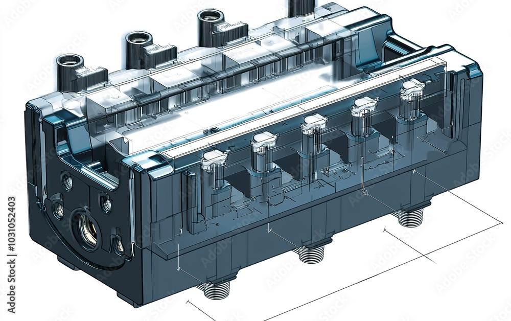 Detailed 3D representation of a hydraulic valve block highlighting its ...