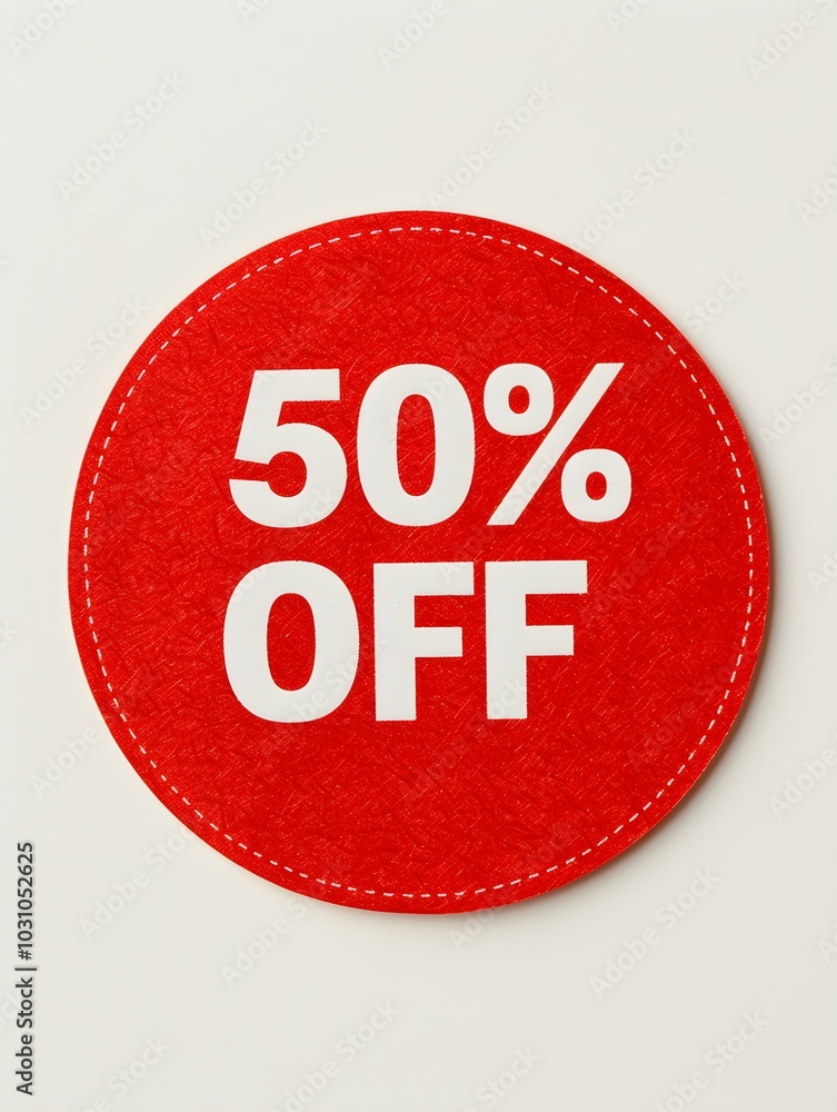 White '50% OFF' Text on a Red Round Paper Note. White Background White '50% OFF' Text on a Red Round Paper Note. White Background