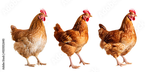 Three kinds of brown hens looking something on white clear background