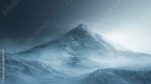 A majestic mountain peak shrouded in fog and mist, with a dramatic and ethereal feel.