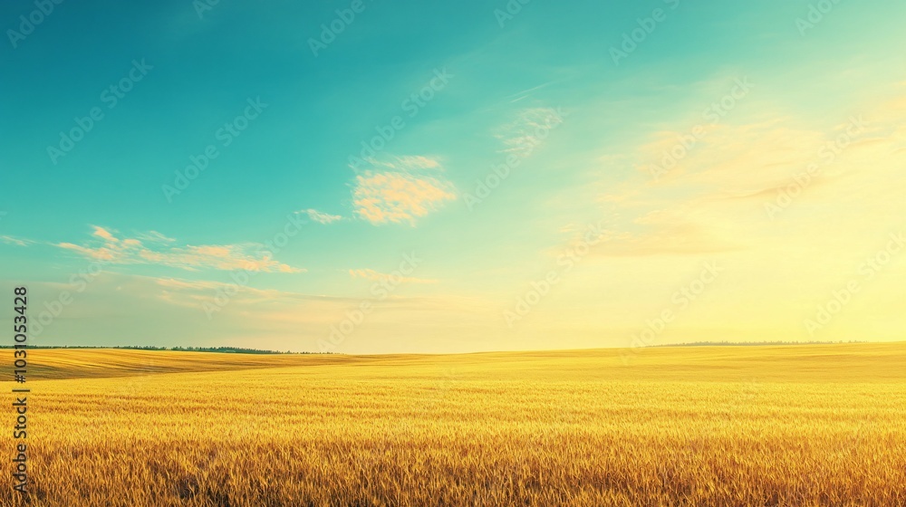 Obraz premium Golden Wheat Field Under a Blue Sky with White Clouds at Sunset