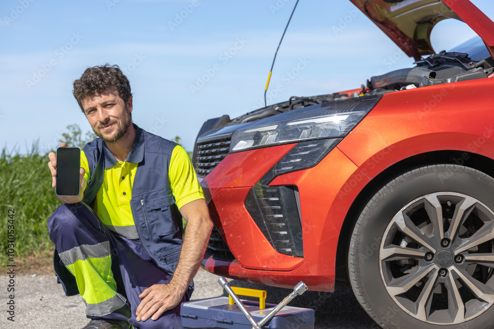 Young professional mechanic in work uniform showing phone or smartphone screen posing next to broken vehicle on the road wearing reflective clothing, professional training, space to write Young professional mechanic in work uniform showing phone or smartphone screen posing next to broken vehicle on the road wearing reflective clothing, professional training, space to write