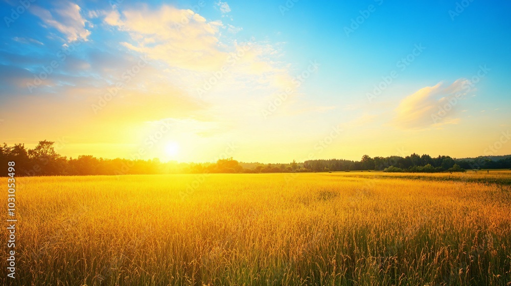 Obraz premium Golden Field at Sunset with a Blue Sky and Clouds