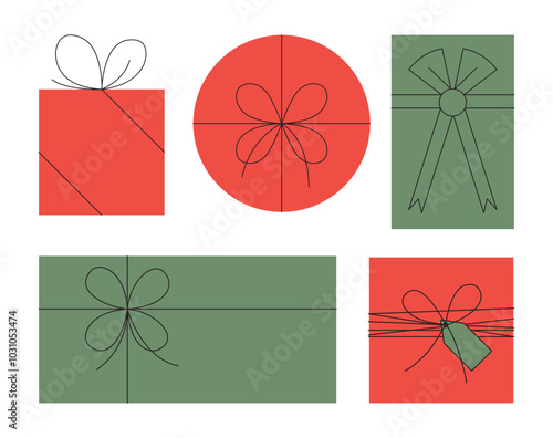 Abstract Christmas gift box set. Simple, circle, rectangle, and square gift boxes wrapped in red and green paper and tied with ribbons. Geometric Christmas or Birthday presents. Vector illustration.