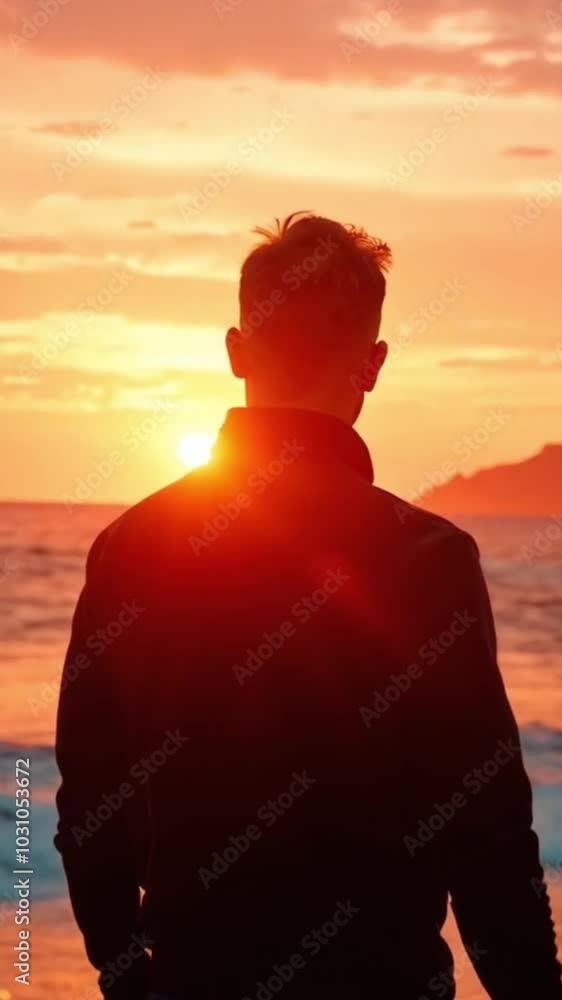 Man looking out at the ocean at golden hour, vertical video Man looking out at the ocean at golden hour, vertical video