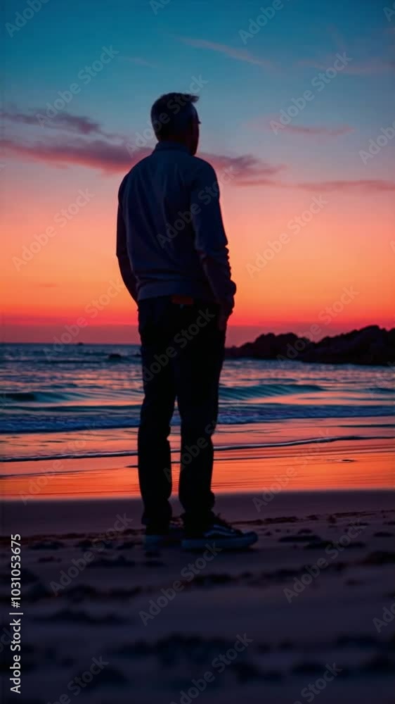 Silhouette of a man looking at the ocean at twilight, vertical video Silhouette of a man looking at the ocean at twilight, vertical video