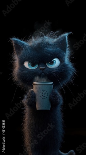 A cartoon cat is holding a coffee cup and looking at the camera