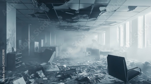 A destroyed office space with debris and dust covering the floor. The ceiling is damaged and a beam of light shines through a window. photo