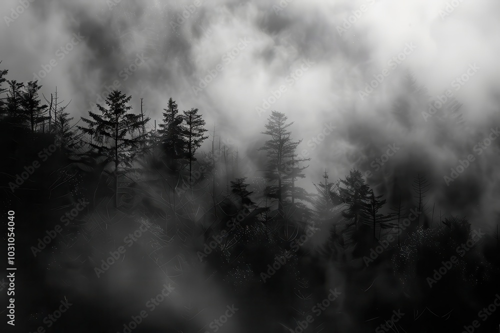 A misty forest landscape enveloped in thick fog during early morning hours, creating an ethereal atmosphere among the trees A misty forest landscape enveloped in thick fog during early morning hours, creating an ethereal atmosphere among the trees