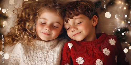 Twi cute kids dreaming of their Christmas presents. Dreaming of a perfect present. Excessive amounts of gifts, overconsumption. Beautiful Christmas season. photo