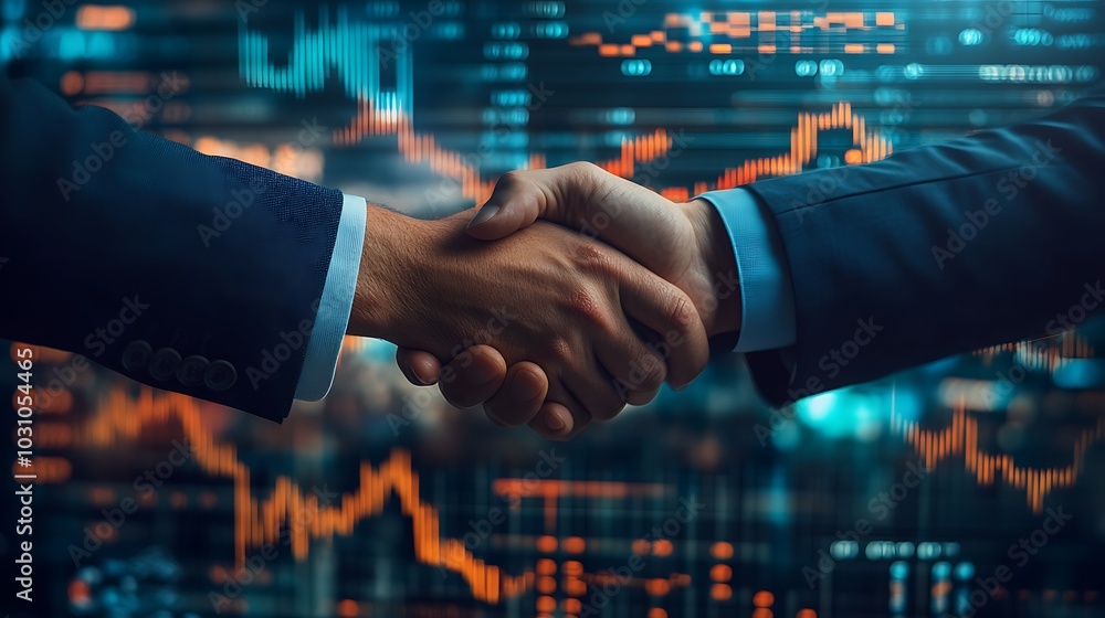 A close-up of handshake between two businesspeople, with a backdrop of international stock market data and charts, symbolizing partnerships in economic integration. A close-up of handshake between two businesspeople, with a backdrop of international stock market data and charts, symbolizing partnerships in economic integration.
