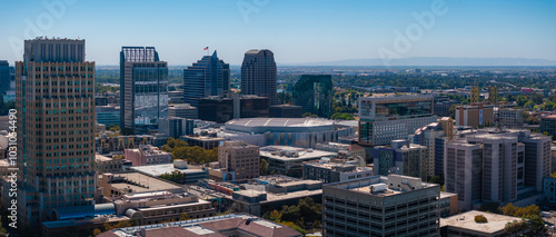 Aerial view of Sacramento, California, highlighting the Wells Fargo Center, US Bank Tower, Golden 1 Center, and the distant Sacramento River. photo