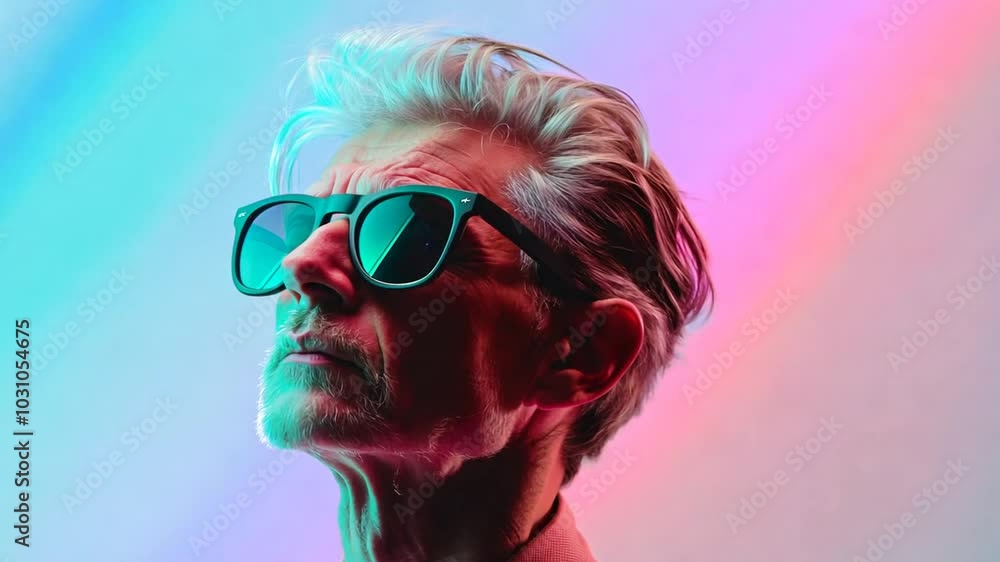 Elderly Man Pink Background Neon Lighting Elderly Man Pink Background Neon Lighting