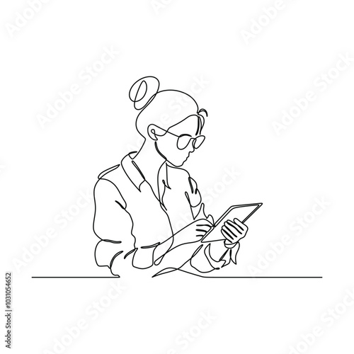 Continuous line drawing of a woman using a tablet. Business concept. Vector illustration